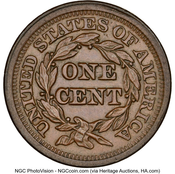 image for: 1852 1C N-6, Low R.2, MS63 Brown NGC. CDN: $285 Whsle. Bid for NGC/PCGS MS63. Mintage 5,063,094....