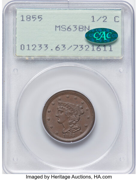 image for: 1855 1/2 C C-1, B-1, R.1, MS63 Brown PCGS. CAC. Housed in a Generation 1.2 "rattler"  holder.  CDN: $330 Whsle. Bid for...