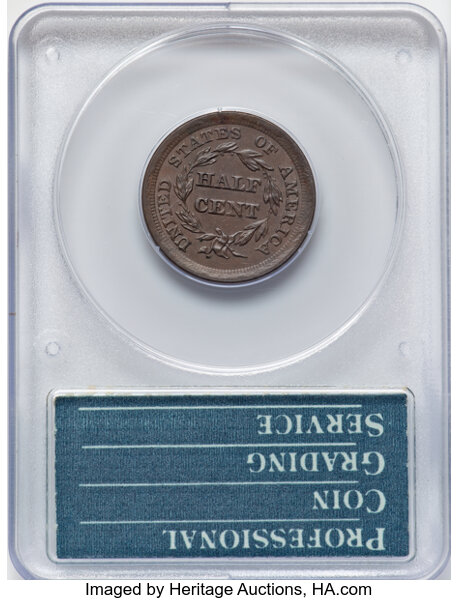 image for: 1855 1/2 C C-1, B-1, R.1, MS63 Brown PCGS. CAC. Housed in a Generation 1.2 "rattler"  holder.  CDN: $330 Whsle. Bid for...