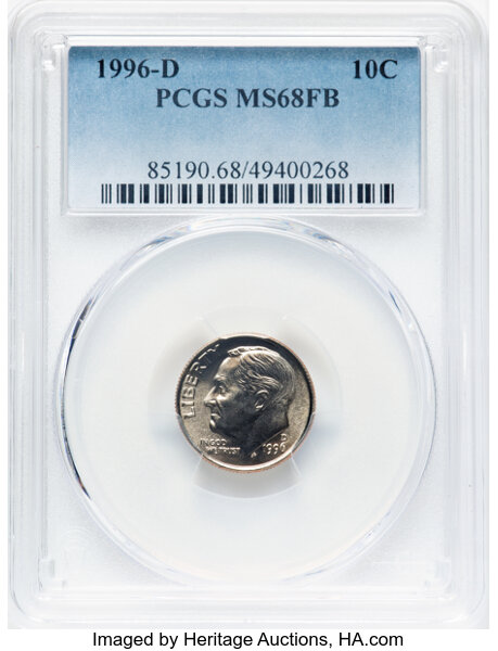 image for: 1996-D 10C MS68 Full Bands PCGS. PCGS Population: 36 in 68, 0 finer (11/25). CDN: $550 Whsle. Bid for NGC/PCGS MS68. ...