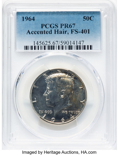 image for: 1964 50C Accented Hair, FS-401, PR67 PCGS.  CDN: $115 Whsle. Bid for NGC/PCGS PR67. ...