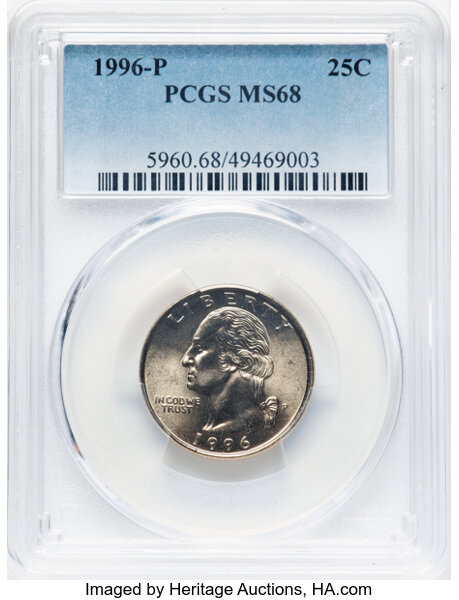 image for: 1996-P 25C MS68 PCGS.  CDN: $200 Whsle. Bid for NGC/PCGS MS68. ...