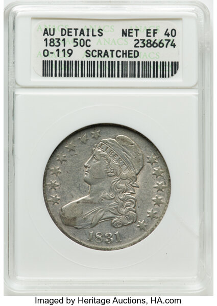 image for: 1831 50C O-119, R.3 -- Scratched -- ANACS Details. AU Details, Net XF40. Housed in a small-sized holder. Mintage 5,873,660....