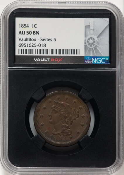 image for: 1854 1C N-20, R.3, AU50 Brown NGC. VaultBox - Series 5. CDN: $110 Whsle. Bid for NGC/PCGS AU50. Mintage 4,236,156....