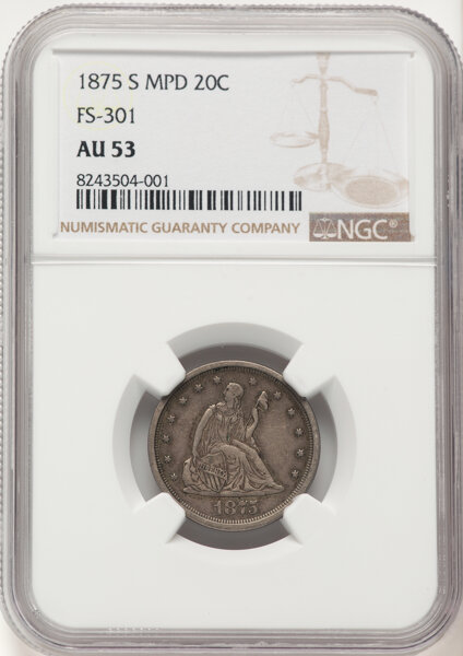 image for: 1875-S 20C Misplaced Date, FS-301, BF-12, R.2, AU53 NGC. CDN: $346.50 Whsle. Bid for NGC/PCGS AU53....