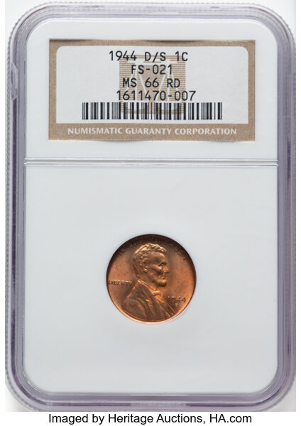 image for: 1944-D/S 1C FS-512 MS66 Red NGC. Formerly FS-021. NGC Census: (14/1). CDN: $700 Whsle. Bid for NGC/PCGS MS66....