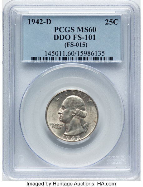 image for: 1942-D 25C Doubled Die Obverse, FS-101, MS60 PCGS. Formerly FS-015. PCGS Population: (1/1). CDN: $900 Whsle. Bid for NGC/PC...