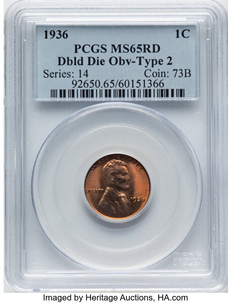 image for: 1936 1C Doubled Die Obverse, Type Two, FS-102, MS65 Red PCGS. PCGS Population: (18/10). ...