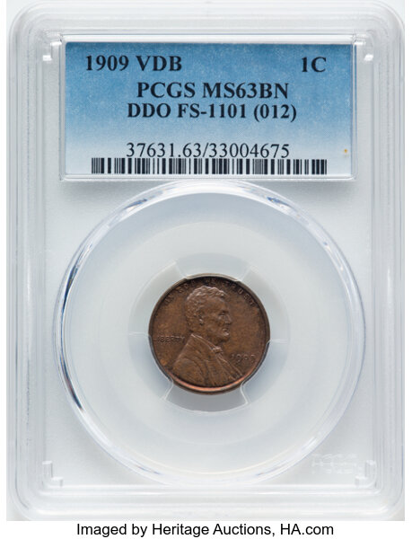 image for: 1909 VDB 1C Doubled Die Obverse, FS-1101, MS63 Brown PCGS. (012). PCGS Population: (29/30). CDN: $130 Whsle. Bid for NGC/PC...