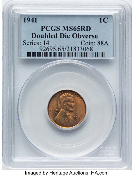 image for: 1941 1C Doubled Die Obverse, FS-101, MS65 Red PCGS. PCGS Population: (28/27). ...