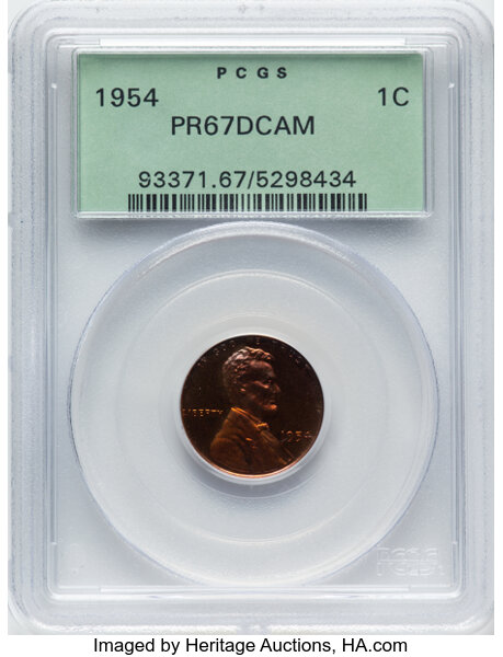 image for: 1954 1C PR67 Deep Cameo PCGS. Housed in a Generation 3.1 green label holder. PCGS Population: (16/8). CDN: $900 Whsle. Bid ...