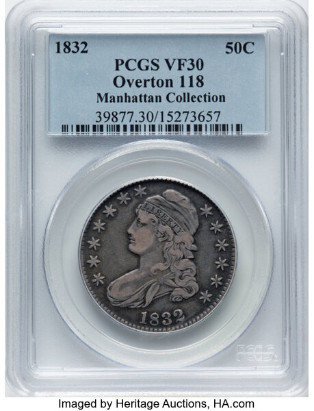 image for: 1832 50C Small Letters, O-118, R.1, VF30 PCGS. Ex: Manhattan Collection. PCGS Population: 4 in 30, 49 finer (11/25). CDN: $...