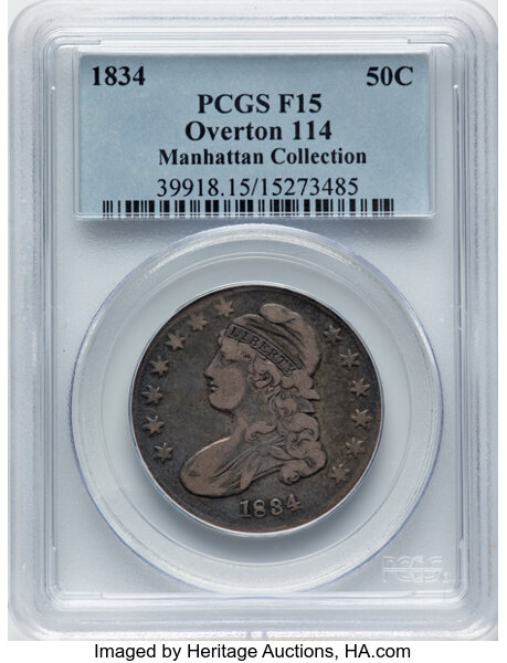 image for: 1834 50C Small Date, Small Letters, O-114, R.1, Fine 15 PCGS. Ex: Manhattan Collection. PCGS Population: 2 in 15, 39 finer ...