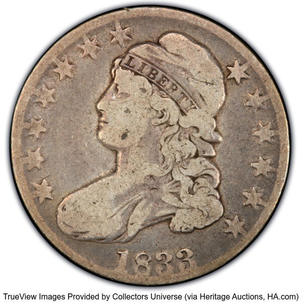 image for: 1833 50C O-106, R.2, Fine 12 PCGS. Ex: Manhattan Collection. Incorrectly designated as O-103 by PCGS. CDN: $70 Whsle. Bid f...