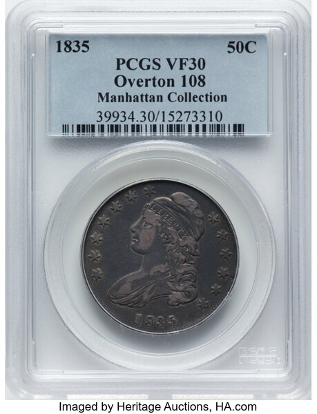 image for: 1835 50C O-108, R.3, VF30 PCGS. Ex: Manhattan Collection. PCGS Population: 5 in 30, 22 finer (11/25). CDN: $132 Whsle. Bid ...