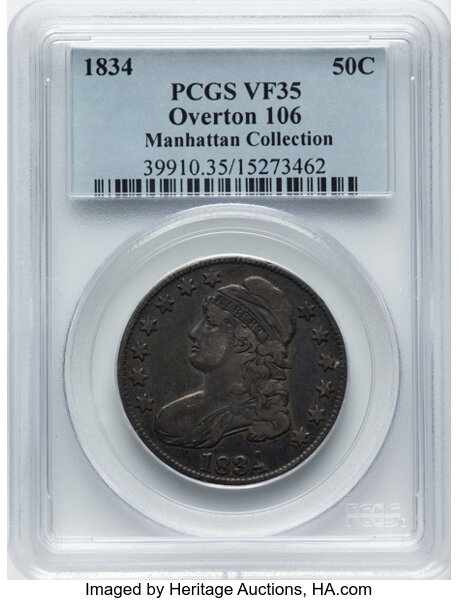image for: 1834 50C Large Date, Small Letters, O-106, R.1, VF35 PCGS. Ex: Manhattan Collection. PCGS Population: 2 in 35, 39 finer (11...