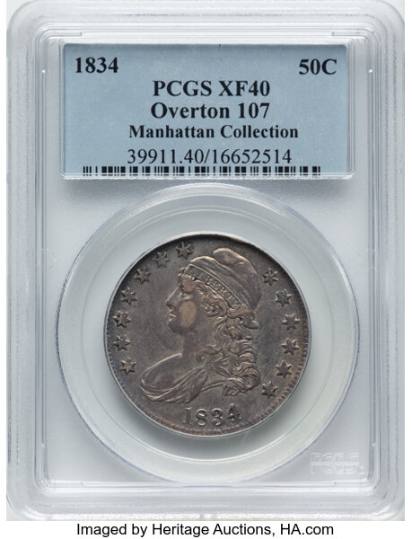 image for: 1834 50C Large Date, Small Letters, O-107, R.1, XF40 PCGS. Ex: Manhattan Collection. PCGS Population: 9 in 40, 35 finer (11...
