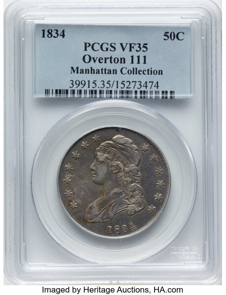image for: 1834 50C Small Date, Small Letters, O-111, R.1, VF35 PCGS. Ex: Manhattan Collection. PCGS Population: 5 in 35, 21 finer (11...