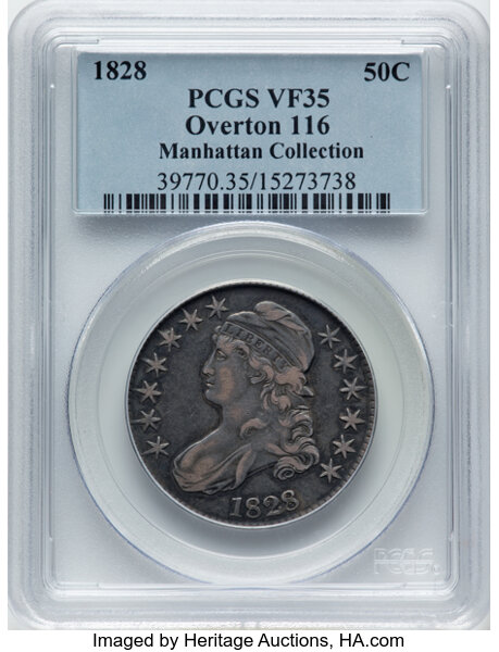 image for: 1828 50C Square Base 2, Small 8s, Large Letters, O-116, R.2, VF35 PCGS. Ex: Manhattan Collection. PCGS Population: 2 in 35,...