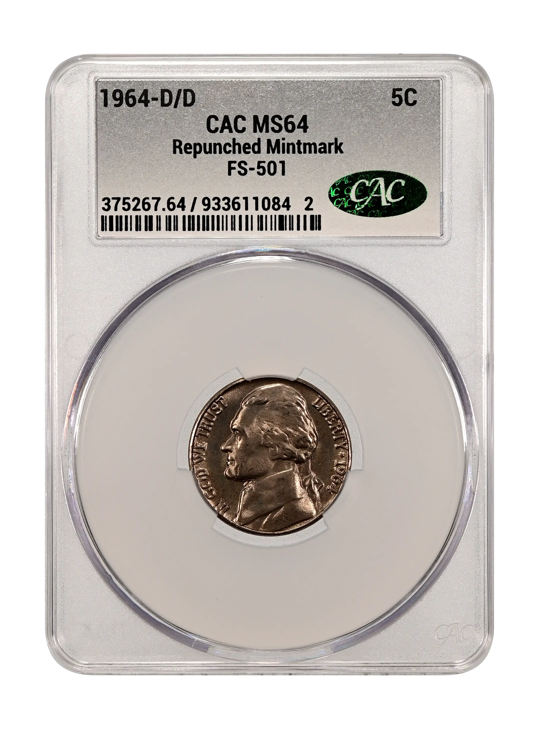 1964-D/D 5c Repunched Mintmark, FS-501 MS