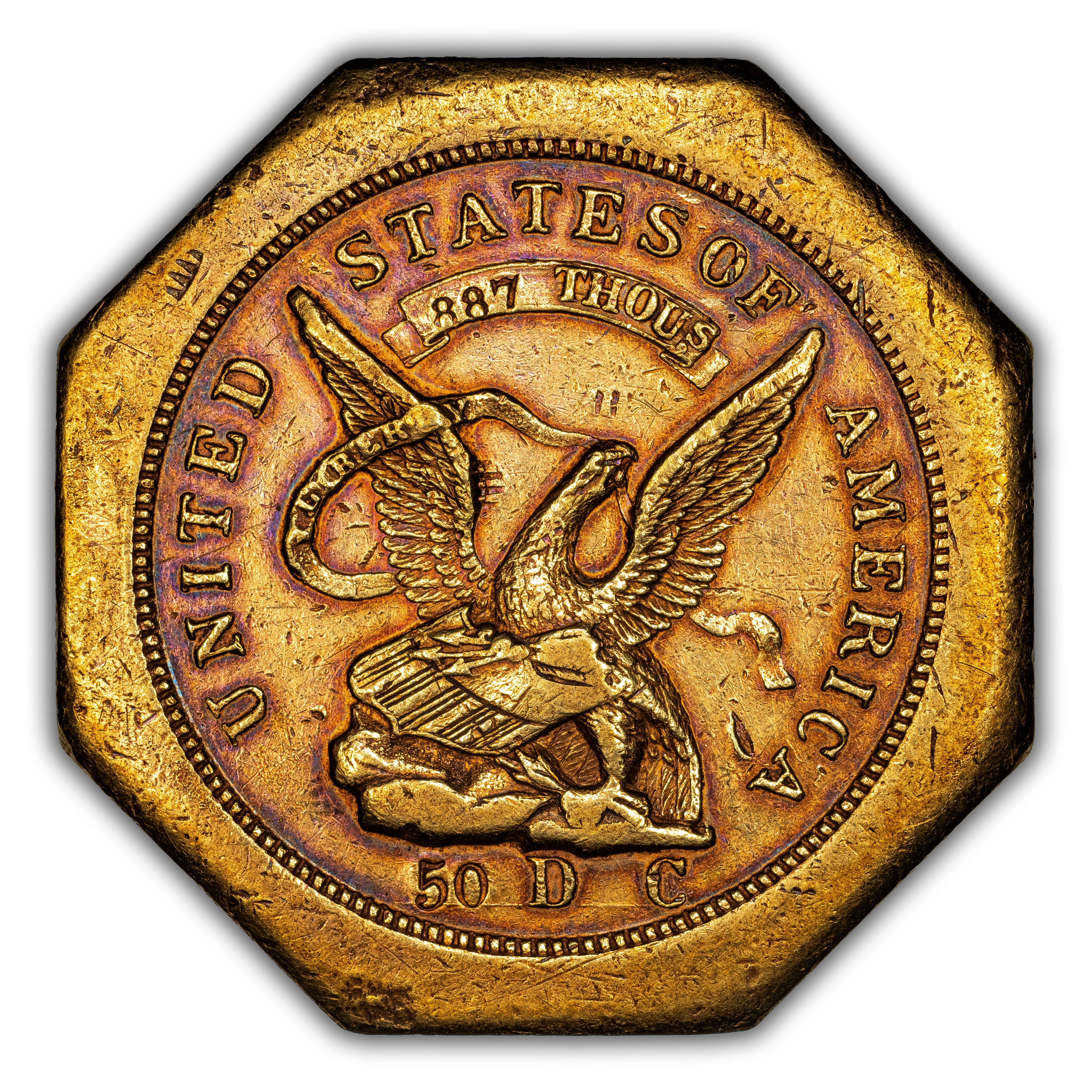 1851 G$50 Humbert, 887 THOUS, 50 Rev, Lettered Edge, K-4 MS