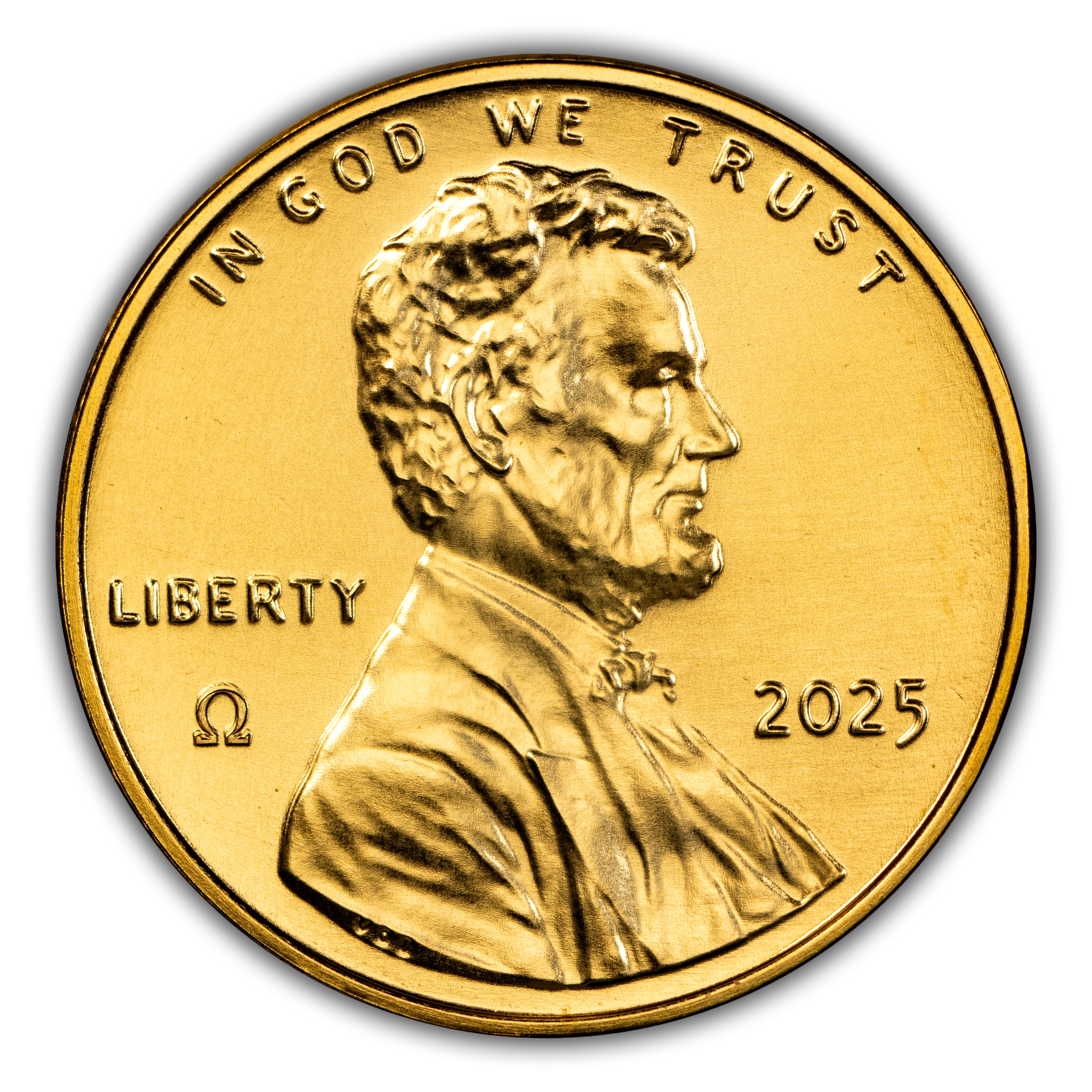 2025 1c 24k Gold, Shield, Omega (Ω) Privy, Burnished MS