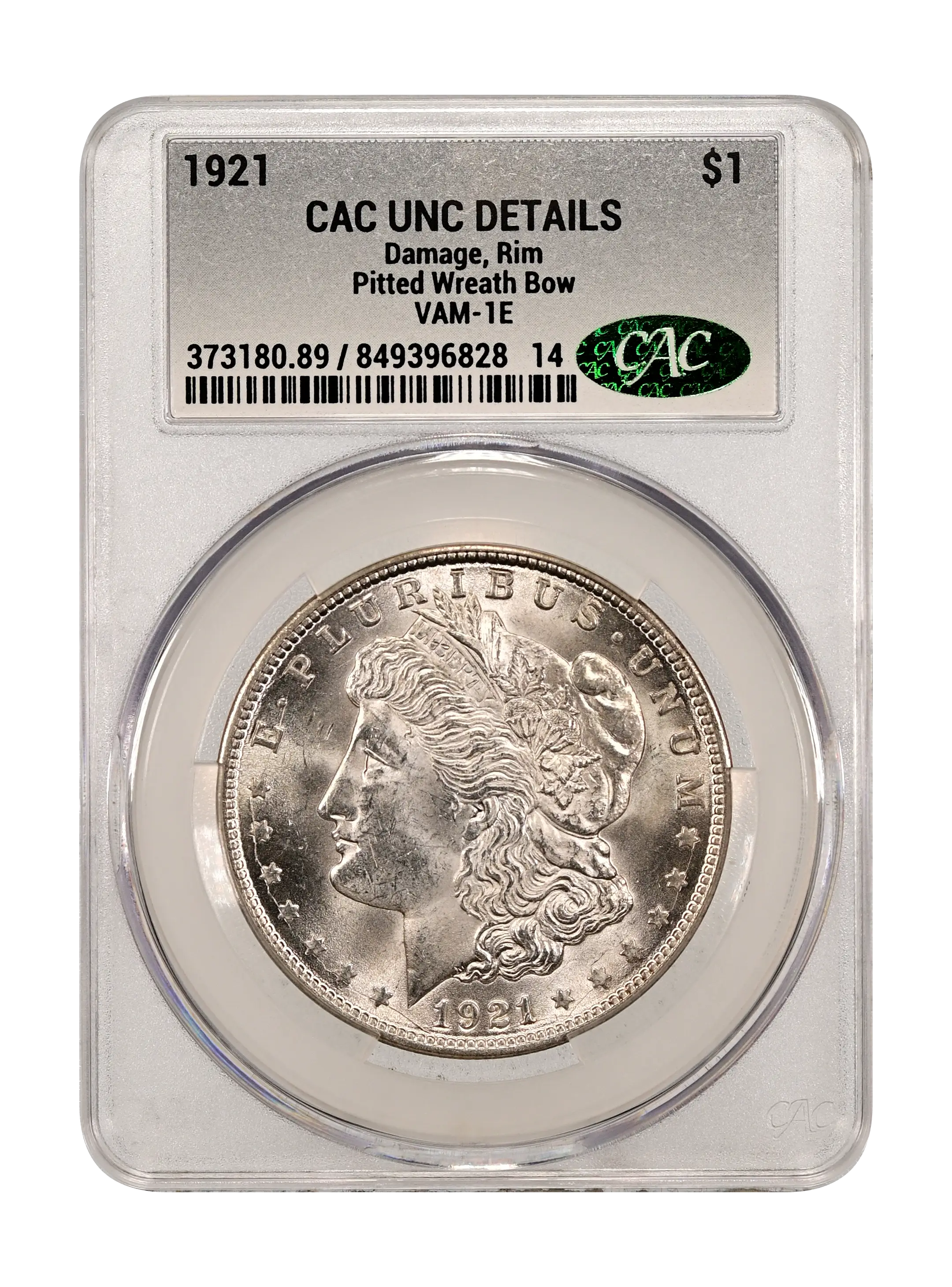 1921 $1  Morgan, Pitted Wreath Bow, VAM-1E MS thumbnail 3