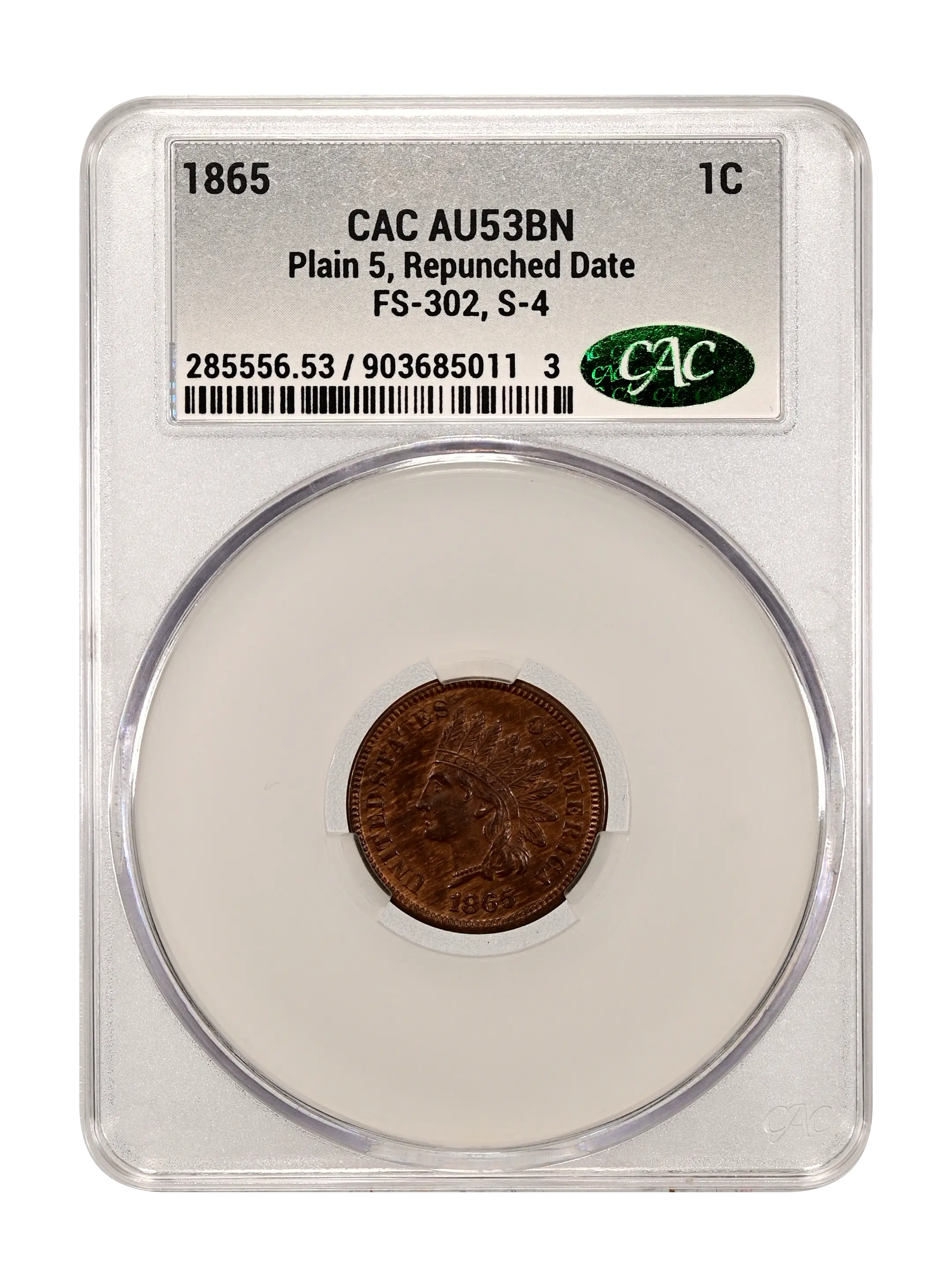 1865 1c Plain 5, Repunched Date, FS-302, S-4 MS BN