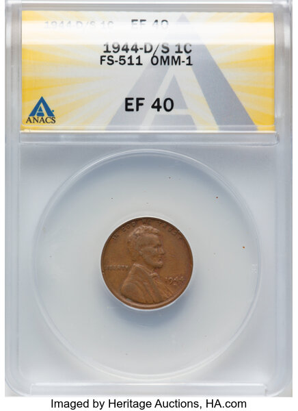 1944-D/S 1c Over Mintmark, FS-511 MS BN
