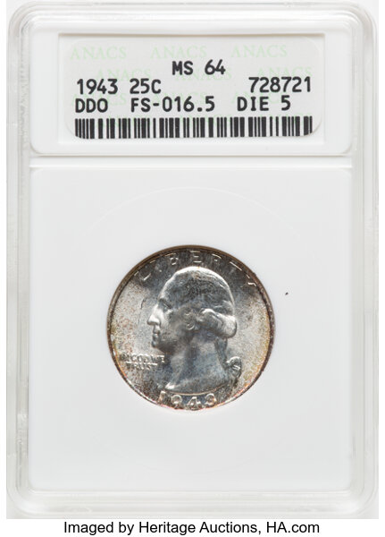 1943 25c Doubled Die Obverse, FS-101 MS