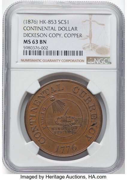 (Dated 1776) SC$1 Continental Dollar Restrike, Copper, HK-853 MS RD