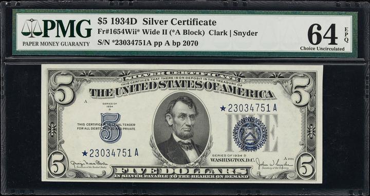 1934D $5  Wide, Star Replacement (Fr. 1654W*) thumbnail 2