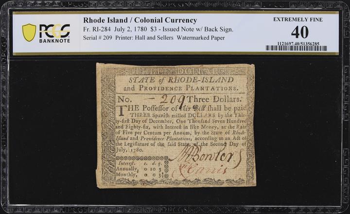 Jul 2, 1780 $3  Rhode Island (Fr. RI284) thumbnail 6
