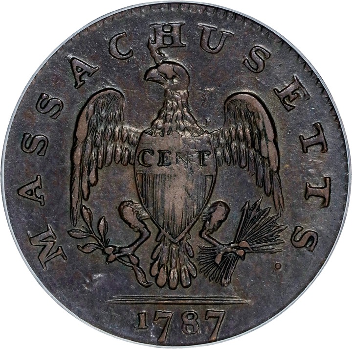 1787 Cent Massachusetts, Horned Eagle MS BN AU55 BN thumbnail 2