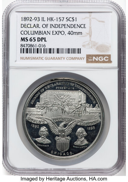 1892-93 SC$1 Columbian Expo, Dec Independence, White Metal, HK-157 MS thumbnail 2