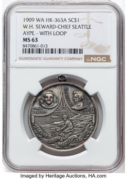 1909 SC$1 Alaska-Yukon Expo, Seward, Silver-plated bronze, HK-363a MS