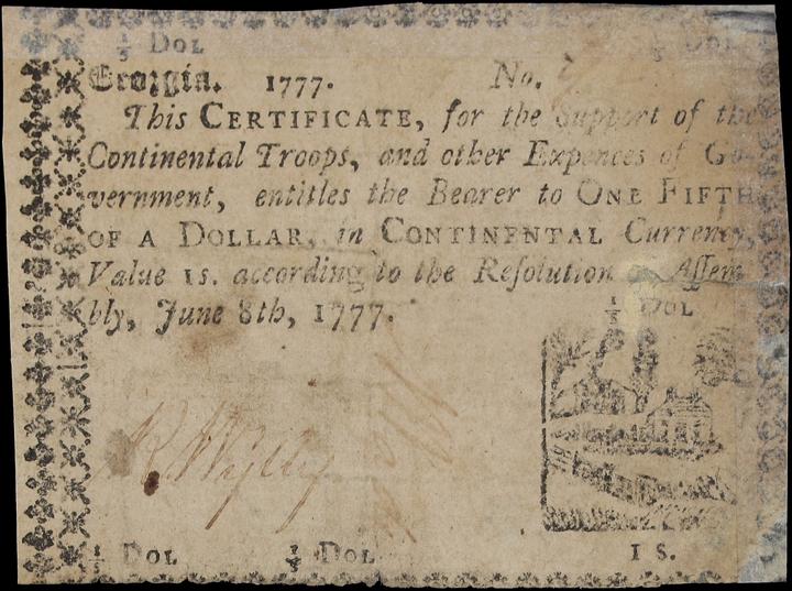 Jun 8, 1777 $1/5 (1s) Georgia (Fr. GA95) thumbnail 2