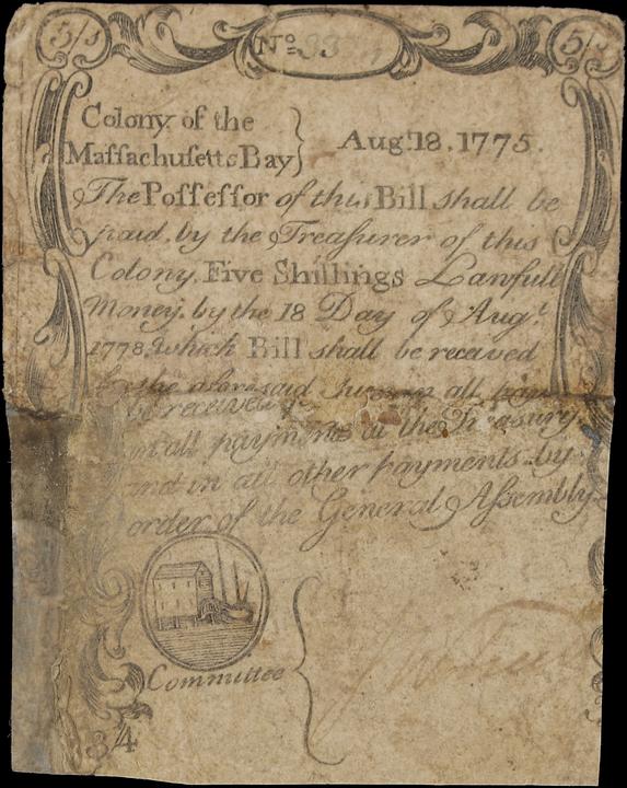 Aug 18, 1775 5s Massachussetts (Fr. MA162) thumbnail 2