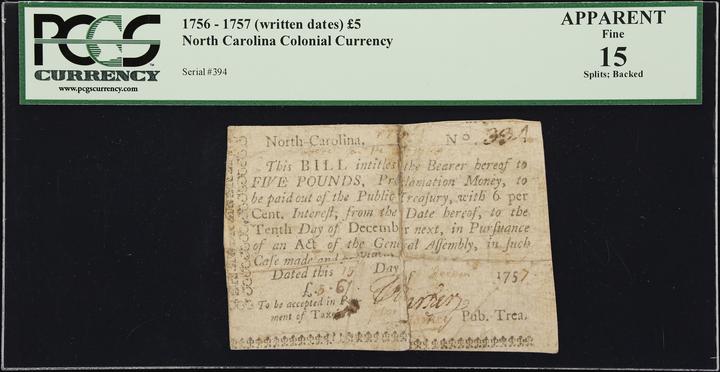 1756-1757 £50 North Carolina, Dates hand written (Fr. NC86) thumbnail 3