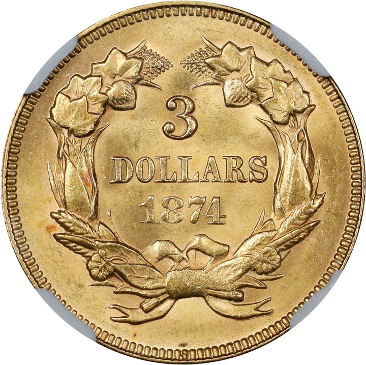1874 $3 MS63 CAC thumbnail 2