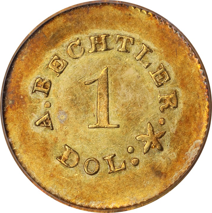 (1842-52) G$1 A.Bechtler, 27 GR, 21C, PE, K-24 AU58 thumbnail 4