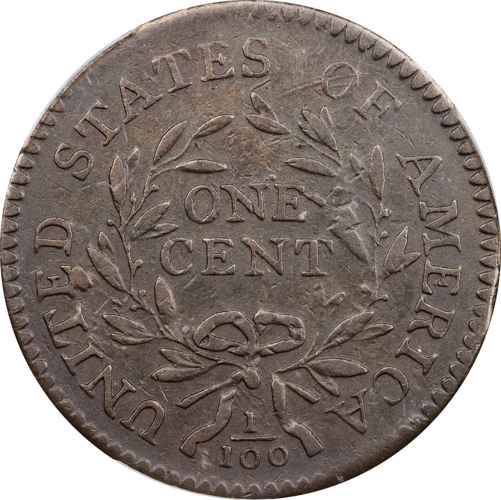 1796 1c Draped Bust, Reverse of 1794 MS BN VF30 BN thumbnail 2