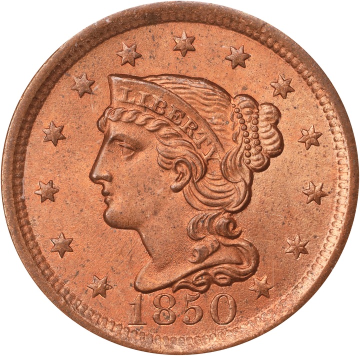 Braided Hair Cent 1c 1839-1857 MS RD [Type] MS65 RD CAC thumbnail 3