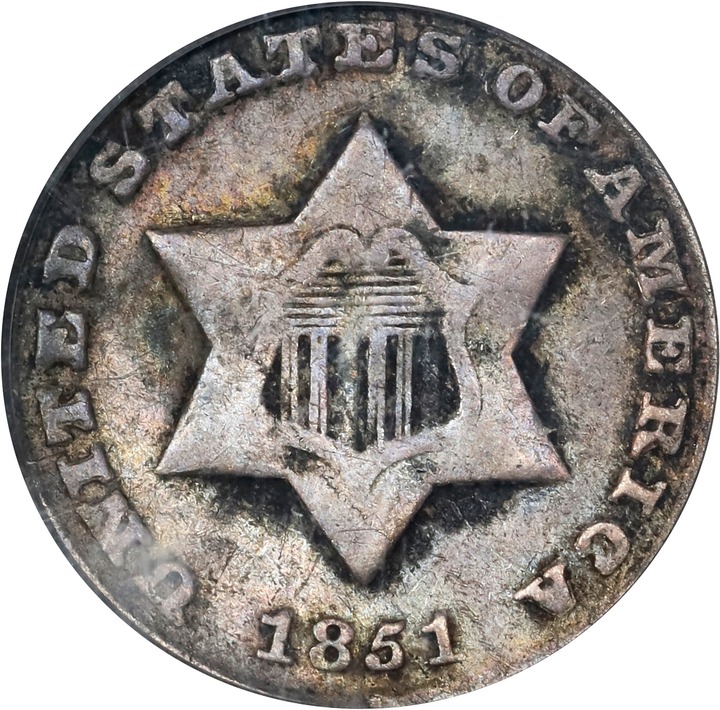 3-Cent Silver 3cS Type 1, 1851-1853 [Type] AG3 CAC thumbnail 7