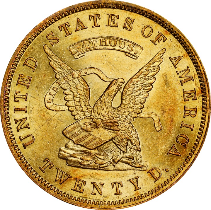 1853 G$20  U.S. Assay Office, TWENTY D., 884 THOUS, K-17 MS thumbnail 3