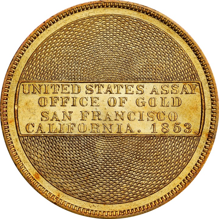 1853 G$20  U.S. Assay Office, TWENTY D., 884 THOUS, K-17 MS thumbnail 8