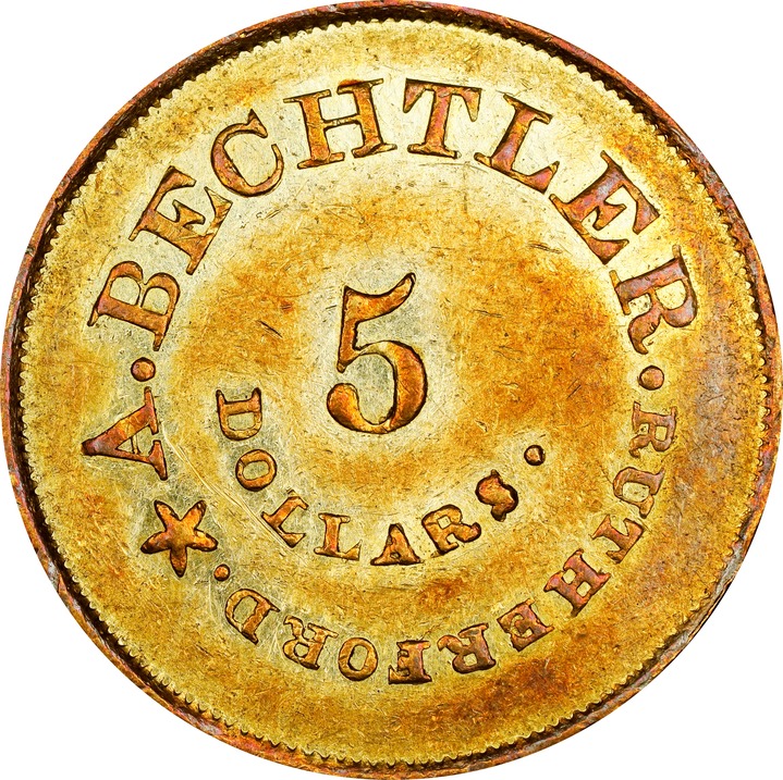 (1842-52) G$5  A.Bechtler, 128 GR, 22C, K-28 AU53 thumbnail 2