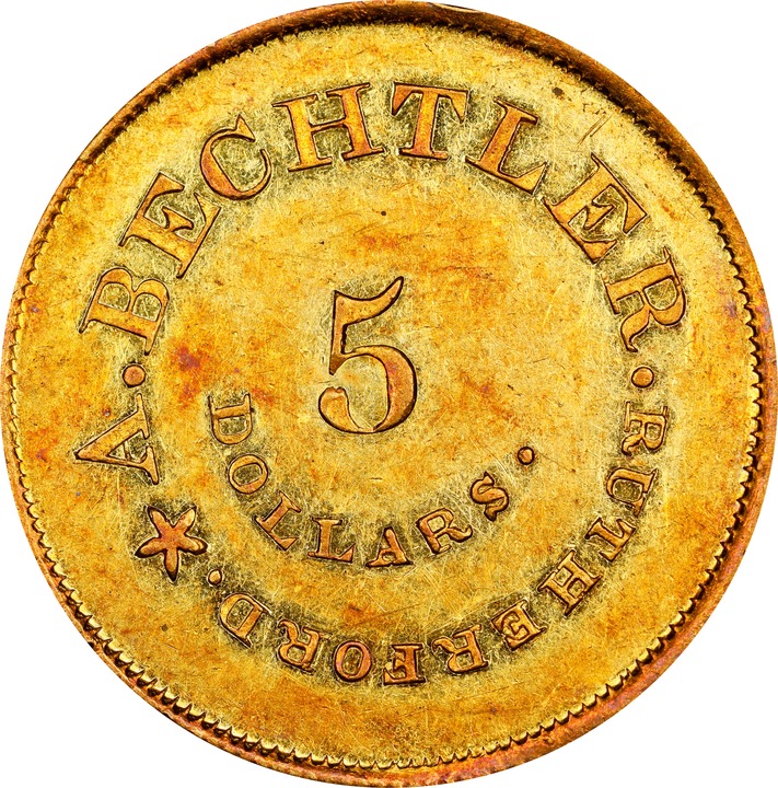 (1842-52) G$5  A.Bechtler, 134 GR, 21C, K-27 AU58 thumbnail 2