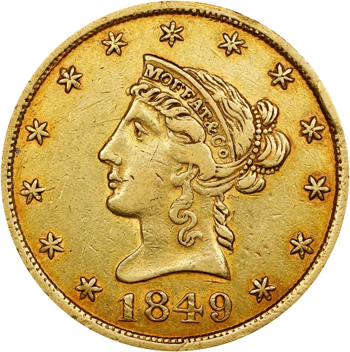 1849 G$10  Moffat & Co., TEN DOL., Period below Arrowhead, K-6 MS thumbnail 3