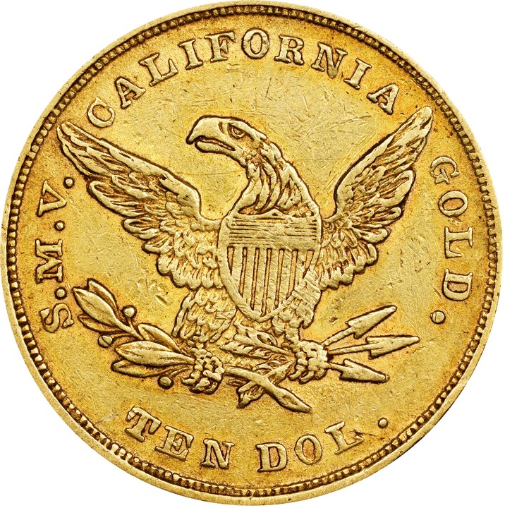 1849 G$10  Moffat & Co., TEN DOL., Period below Arrowhead, K-6 MS thumbnail 8